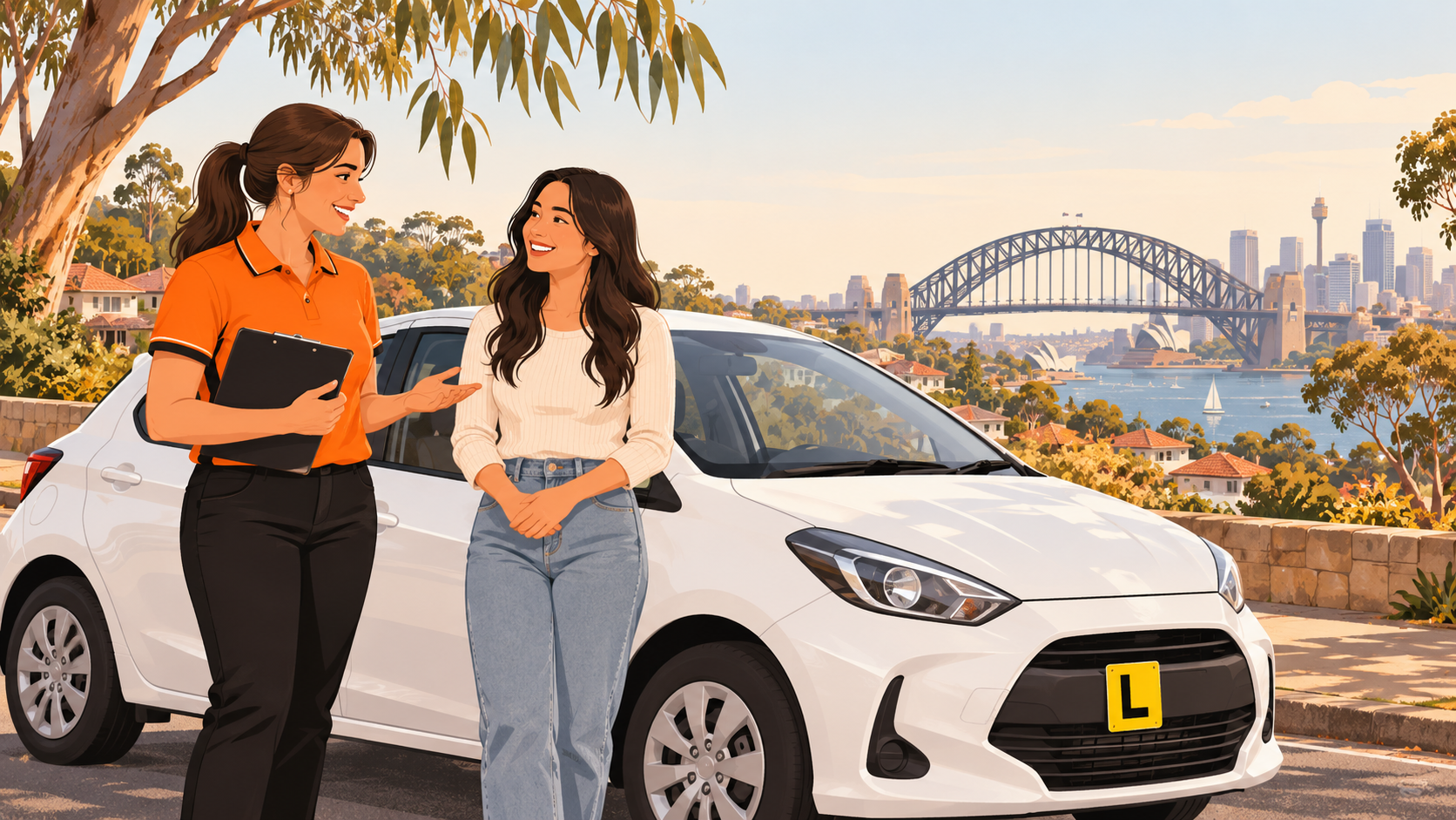 Illustration of a female driving instructor and learner beside an L-plated car in Sydney